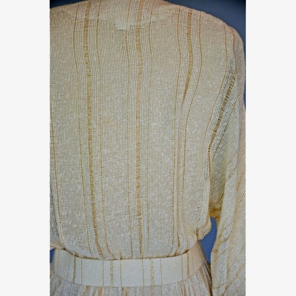 Vtg 70s Ivory Metallic Gold Weave Belted Dress 12P - Picture 6 of 6